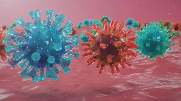 3D展示了显微镜下的考罗那维的概念 病毒在人体内传播 流行病 影响呼吸道的流行病 致命的病毒感染 — 图库照片