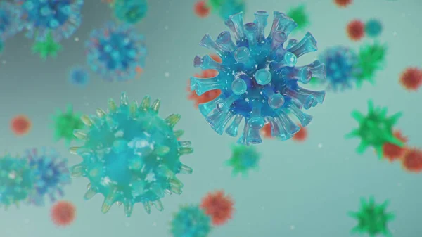 中国のインフルエンザの発生 コロナウイルスまたは2019 Ncovと呼ばれ 世界中に広がっています パンデミックの危険性人類の伝染病 顕微鏡下でのクローズアップウイルス 3Dイラスト — ストック写真