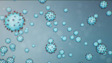 Soyut virüs geçmişi, grip virüsü veya Covid-19. Virüs hücreleri enfekte eder. Covid-19 mikroskop altında, patojen solunum sistemini etkiliyor. Enfeksiyon kronik hastalıklara neden oluyor. 3d illüstrasyon