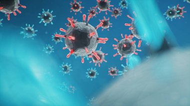 3 boyutlu illüstrasyon, bir grip türü olarak soyut patojen - H1n1, hepatit virüsleri, grip virüsü, AIDS. Virüs soyut arka plan. Virüs insan hücrelerine bulaşır. Enfeksiyon kronik hastalıklara neden oluyor