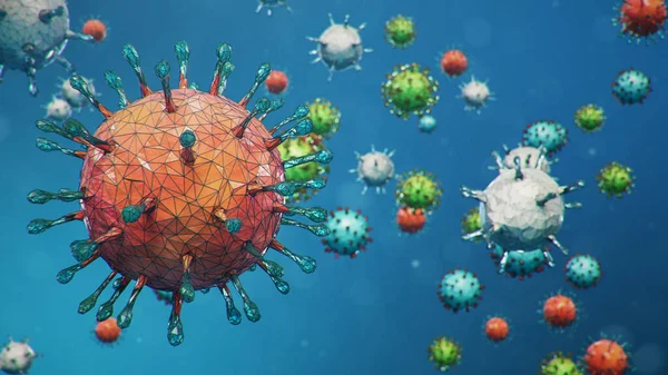 Abstract virus background. Pathogen affecting the respiratory tract. COVID-19 infection. Concept of pandemic, viral infection. Virus inside a human. Infection causing chronic disease. 3D illustration