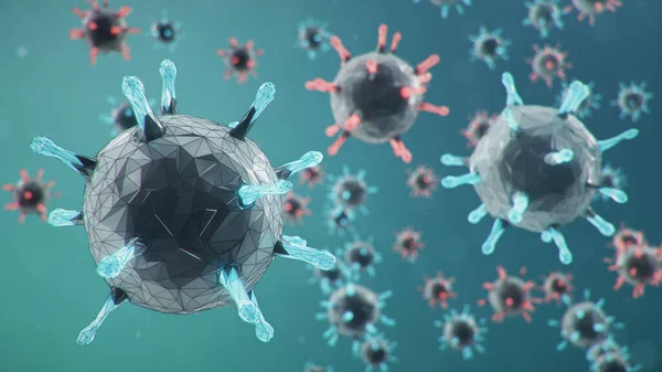 Abstract virus background. Pathogen affecting the respiratory tract. COVID-19 infection. Concept of pandemic, viral infection. Virus inside a human. Infection causing chronic disease. 3D illustration