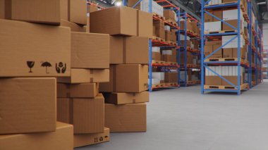 3D resim paketleri teslimatı, ulaşım sistemi konsepti, ambarın ortasında bir yığın karton kutu. Palet raflarında karton kutular olan bir depo. Büyük bir depo.