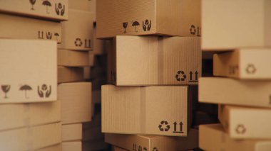Depodaki karton kutuların arka planı, lojistik merkezi. Karton kutularla dolu bir depo. Depoda karışıklık. 3B illüstrasyon