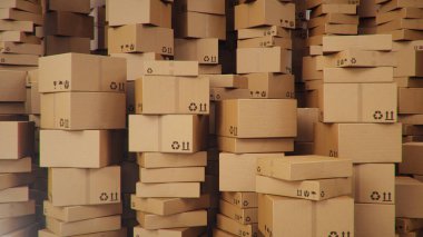 Depodaki karton kutuların arka planı, lojistik merkezi. Karton kutularla dolu bir depo. Depoda karışıklık. 3B illüstrasyon