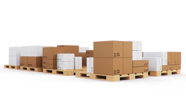 Cardboard boxes on wooden pallets isolated on a white background. Cardboard boxes for the delivery of goods. Packages delivery, parcels transportation system concept. 3D illustration clipart