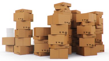 Beyaz arka planda izole edilmiş bir yığın karton kutu. Malların teslimatı için karton kutular. Paket teslimatı, paket taşıma sistemi konsepti. 3B illüstrasyon