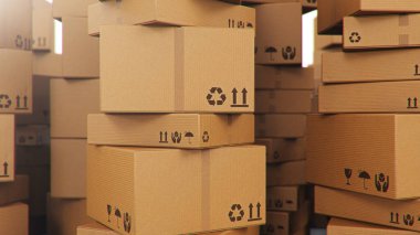 Karton kutuların 3 boyutlu resimleme arkaplanı. Mal ve paket teslimatı için bir yığın karton kutu. Depo kutularla dolu. Paket teslimatı, paket taşıma sistemi kavramı