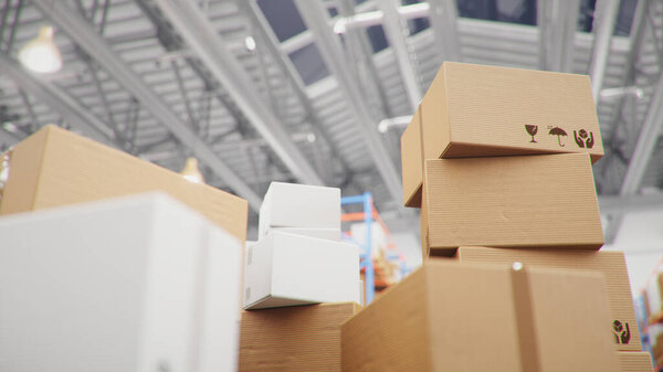 Cardboard boxes in middle of the warehouse, logistic center. Huge modern warehouse. Warehouse filled with cardboard boxes on shelves, boxes stand on pallets. Transportation system. 3D Illustration