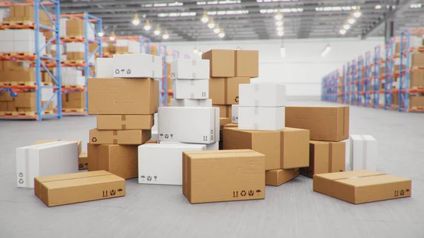 3D说明包交付 包裹运输系统的概念 纸板箱堆在仓库中央 货架上装有纸板箱的仓库 庞大的仓库 — 图库照片