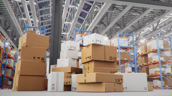 Cardboard boxes in middle of the warehouse, logistic center. Huge modern warehouse. Warehouse filled with cardboard boxes on shelves, boxes stand on pallets. Transportation system. 3D Illustration