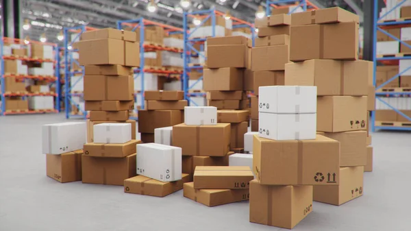 Kartonnen Dozen Het Midden Van Het Magazijn Logistiek Centrum Groot — Stockfoto