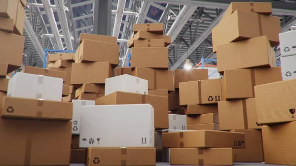 纸板箱在仓库中央 物流中心 巨大的现代化仓库 货架上堆满纸板箱的仓库 货盘上放满了纸箱 交通系统 3D说明 — 图库照片