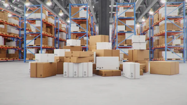 3D说明包交付 包裹运输系统的概念 纸板箱堆在仓库中央 货架上装有纸板箱的仓库 庞大的仓库 — 图库照片