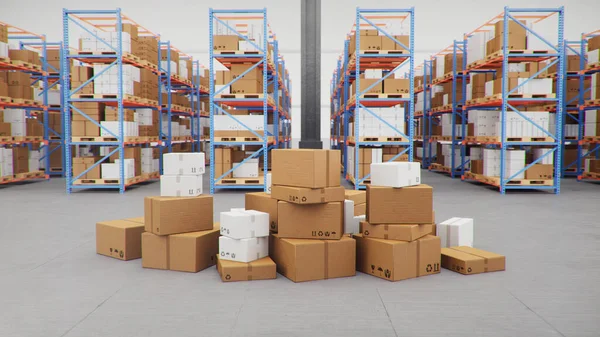 Cardboard Boxes Middle Warehouse Logistic Center Huge Modern Warehouse Warehouse — Stock Photo, Image