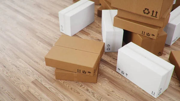 小包の配達のための段ボール箱の3Dイラストヒープ 木製の床の部屋の家の段ボール箱 パッケージの配送 小包輸送システムの概念 — ストック写真