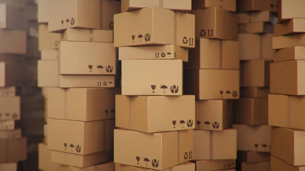 纸板箱的3D图解背景 运送货物 包裹的纸板箱堆积如山 堆满箱子的仓库 包裹交付 包裹运输系统概念 — 图库照片
