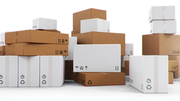 一堆纸板箱隔离在一个白色的背景 运送货物的纸板箱 包裹递送 包裹运输系统的概念 3D插图 — 图库照片