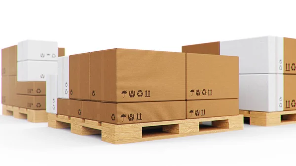 Kartonnen Dozen Houten Pallets Geïsoleerd Een Witte Achtergrond Kartonnen Dozen — Stockfoto