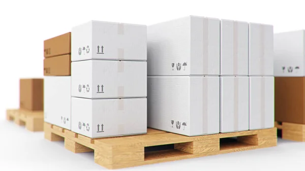 Cardboard boxes on wooden pallets isolated on a white background. Cardboard boxes for the delivery of goods. Packages delivery, parcels transportation system concept. 3D illustration