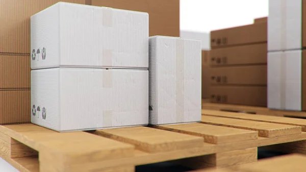 3D插图纸板箱在木制托盘上隔离在白色背景 运送货物的纸板箱 包裹交付 包裹运输系统概念 — 图库照片