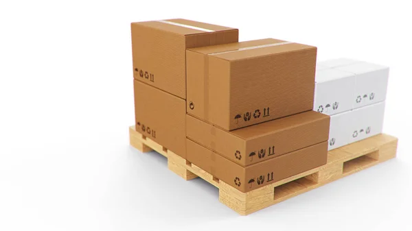 Illustratie Kartonnen Dozen Houten Pallets Geïsoleerd Een Witte Achtergrond Kartonnen — Stockfoto