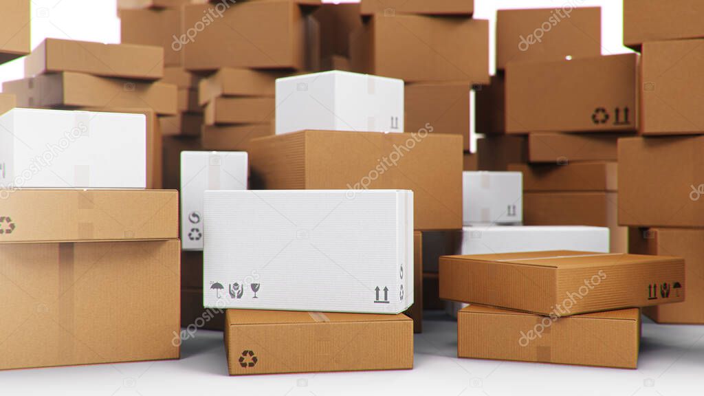 Pile, heap of cardboard boxes isolated on a white background. Cardboard boxes for the delivery of goods. Packages delivery, parcels transportation system concept. 3D illustration