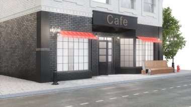 Kafe ya da kahve dükkanı. Beyaz arka planda, yolun yakınındaki bir binanın dışında. Caddenin manzarası bir çöp tenekesi, sokak lambaları, yangın musluğu ve güzel bir ağacı olan bir bank. 3d illüstrasyon