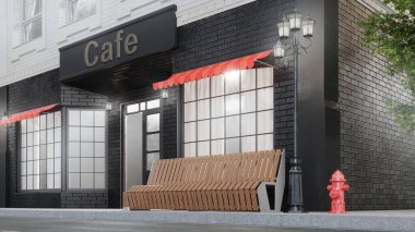 Kafe ya da kahve dükkanı. Beyaz arka planda, yolun yakınındaki bir binanın dışında. Caddenin manzarası bir çöp tenekesi, sokak lambaları, yangın musluğu ve güzel bir ağacı olan bir bank. 3d illüstrasyon