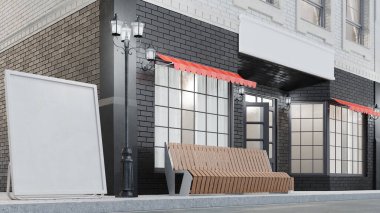 Metnin için iki model ya da pankartı olan bir binanın dış cephesi. Caddenin manzarası bir çöp tenekesi, sokak lambaları musluğu ve beyaz zemin üzerinde güzel bir ağaç olan bir bank. 3d illüstrasyon