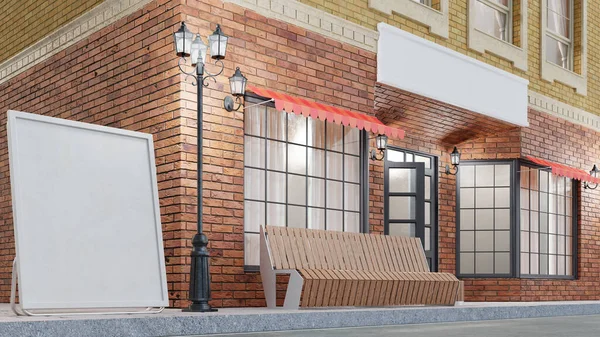 在一个有两个模型或横幅的建筑物的外面为你的文字 街上的景色是一条长椅 上面有一个垃圾桶 路灯水龙头和一棵白色背景的美丽的树 3D说明 — 图库照片