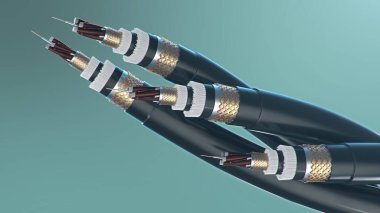 Renkli arka planda fiber optik kablo kavramı. Geleceğin kablo teknolojisi. Enine kesitte ayrıntılı kıvrımlı kablo. Güçlü iletişim teknolojisi. Ağ konsepti, 3d illüstrasyon