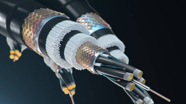 Renkli arka planda fiber optik kablo kavramı. Geleceğin kablo teknolojisi. Enine kesitte ayrıntılı kıvrımlı kablo. Güçlü iletişim teknolojisi. Ağ konsepti, 3d illüstrasyon