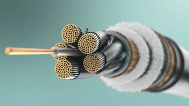 3D illüstrasyon, renkli arka planda fiber optik kablo konsepti. Geleceğin kablo teknolojisi. Enine kesitte ayrıntılı kıvrımlı kablo. Güçlü iletişim teknolojisi. Ağ konsepti