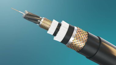3D illüstrasyon, renkli arka planda fiber optik kablo konsepti. Geleceğin kablo teknolojisi. Enine kesitte ayrıntılı kıvrımlı kablo. Güçlü iletişim teknolojisi. Ağ konsepti