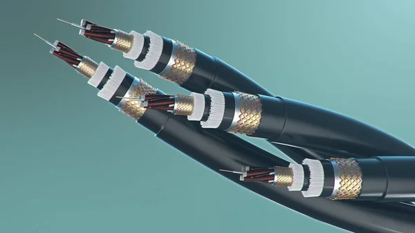 The concept of fiber optic cable on a colored background. Future cable technology. Detailed curved cable in cross section. Powerful communication technology. Network concept, 3d illustration