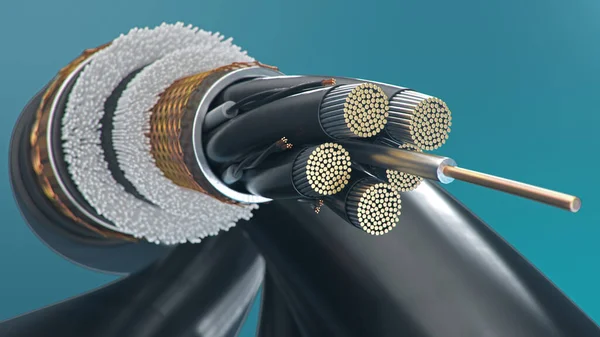 在彩色背景上的光纤电缆的概念 未来的电缆技术 横截面上详细的弯曲电缆 强大的通信技术 网络概念 3D说明 — 图库照片
