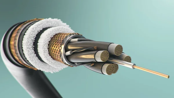 The concept of fiber optic cable on a colored background. Future cable technology. Detailed curved cable in cross section. Powerful communication technology. Network concept, 3d illustration