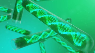 DNA molekülü, yapısı. İnsan genomu kavramı. Değiştirilmiş genlere sahip DNA molekülü. Cam test tüpünün içindeki sıvıyla DNA molekülünün kavramsal çizimi. Tıbbi ekipman. 3B illüstrasyon