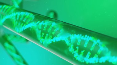 3D Illustration DNA molekülü, yapısı. İnsan genomu kavramı. Değiştirilmiş genlere sahip DNA molekülü. Cam test tüpünün içindeki sıvıyla DNA molekülünün kavramsal çizimi. Tıbbi ekipman