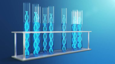 3D Illustration DNA molekülü, yapısı. İnsan genomu kavramı. Değiştirilmiş genlere sahip DNA molekülü. Cam test tüpünün içindeki sıvıyla DNA molekülünün kavramsal çizimi. Tıbbi ekipman