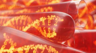 DNA molekülü, yapısı. İnsan genomu kavramı. Değiştirilmiş genlere sahip DNA molekülü. Cam test tüpünün içindeki sıvıyla DNA molekülünün kavramsal çizimi. Tıbbi ekipman. 3B illüstrasyon