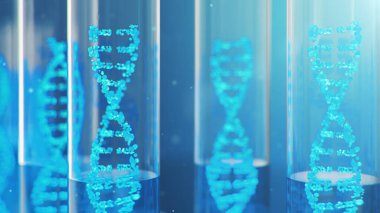 3D Illustration DNA molekülü, yapısı. İnsan genomu kavramı. Değiştirilmiş genlere sahip DNA molekülü. Cam test tüpünün içindeki sıvıyla DNA molekülünün kavramsal çizimi. Tıbbi ekipman