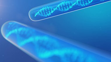 DNA molekülü, yapısı. İnsan genomu kavramı. Değiştirilmiş genlere sahip DNA molekülü. Cam test tüpünün içindeki sıvıyla DNA molekülünün kavramsal çizimi. Tıbbi ekipman. 3B illüstrasyon