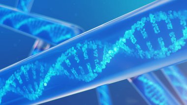 DNA molekülü, yapısı. İnsan genomu kavramı. Değiştirilmiş genlere sahip DNA molekülü. Cam test tüpünün içindeki sıvıyla DNA molekülünün kavramsal çizimi. Tıbbi ekipman. 3B illüstrasyon