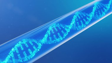 DNA molekülü, yapısı. İnsan genomu kavramı. Değiştirilmiş genlere sahip DNA molekülü. Cam test tüpünün içindeki sıvıyla DNA molekülünün kavramsal çizimi. Tıbbi ekipman. 3B illüstrasyon