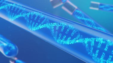 3D Illustration DNA molekülü, yapısı. İnsan genomu kavramı. Değiştirilmiş genlere sahip DNA molekülü. Cam test tüpünün içindeki sıvıyla DNA molekülünün kavramsal çizimi. Tıbbi ekipman