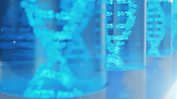 3D Illustration DNA molecule, its structure. Concept human genome. DNA molecule with modified genes. Conceptual illustration of a dna molecule inside a glass test tube with liquid. Medical equipment