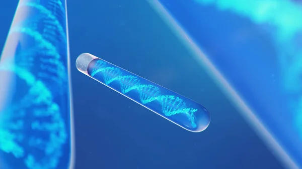 DNA molecule, its structure. Concept human genome. DNA molecule with modified genes. Conceptual illustration of a dna molecule inside a glass test tube with liquid. Medical equipment. 3D illustration