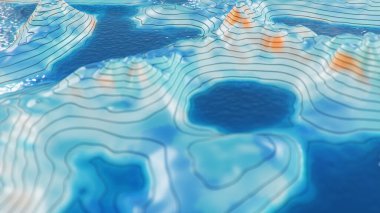 Topografik 3 boyutlu su haritası. Topoğrafik haritadaki Contour çizgileri. Bölgenin coğrafyasını inceliyorum: tepeler, dağlar ve ovalar. Harita konsepti, dağ yürüyüşü. 3d illüstrasyon